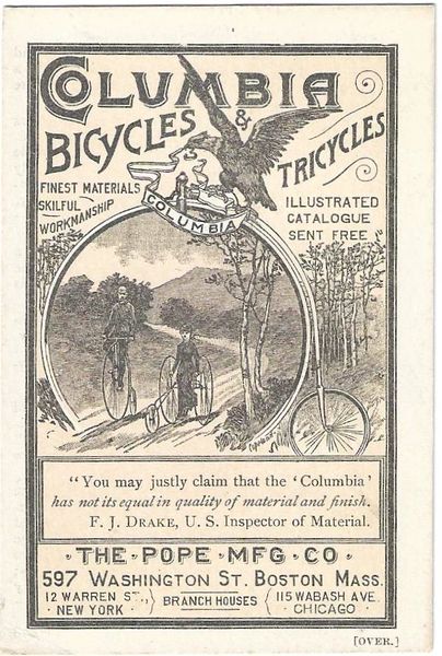 Boston Trade Card For Columbia Bicycles And Tricycles