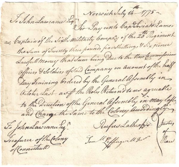 [Benedict Arnold, George Washington] 1775 Pay Order For Training Durkee's 20the Continental Regiment