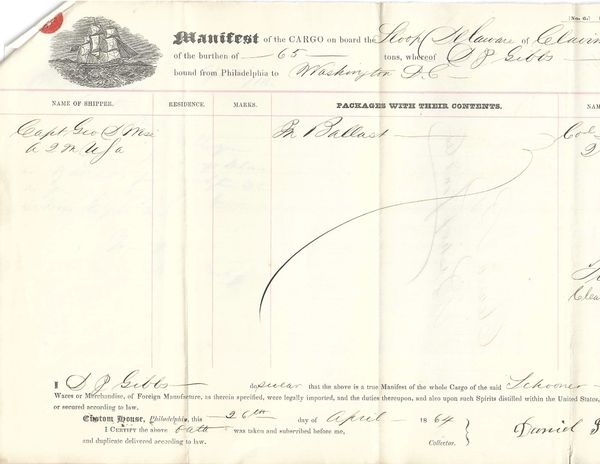 Civil War Manifest Lists Shipment To Quartermaster In Washington