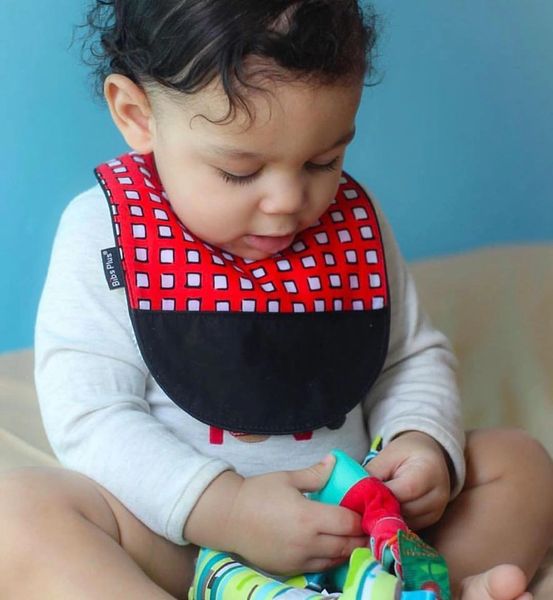 -Handcrafted Triple Layer Red with White Squares Baby Boy Bib with Black Pocket