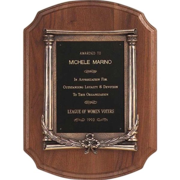 Item W1438, Solid American Walnut Plaque with Antique Bronze Casting
