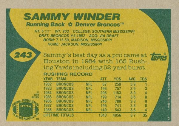 #243 Sammy Winder - Denver Broncos - 1989 Topps Football