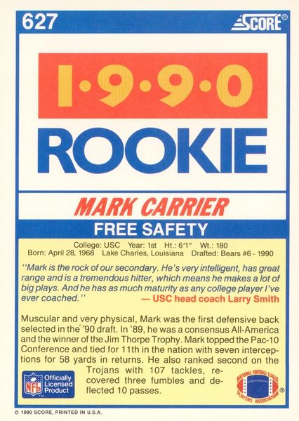 : 1990 Score Football #627 Mark Carrier RC Rookie