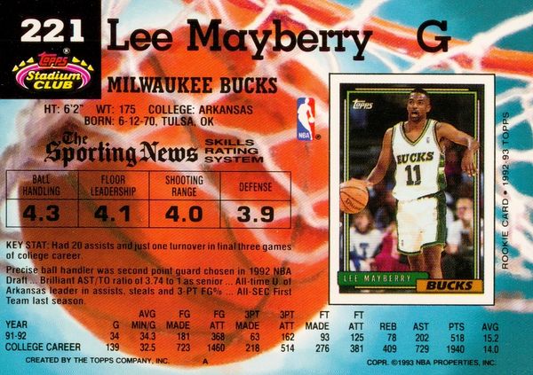 1992-93 Stadium Club #221 Lee Mayberry RC | Bethany's Bargain Basement