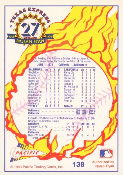 1993 Pacific Ryan 27th Season #138 Nolan Ryan