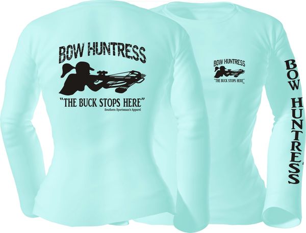 Bow Huntress ' The Buck Stops Here ' Crossbow Short and Long Sleeve Celadon T shirts with Black Print