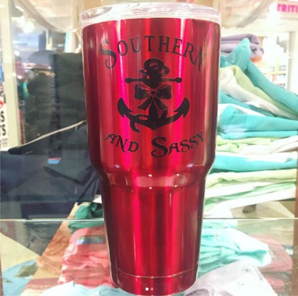 Southern and Sassy Anchor and Bow Engraved Tumblers - 30 oz Double Walled, Sliding Top. (Multiple Colors Available)