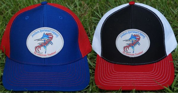 American Flag Sword Fish Patch Hats in 20 Different Colors. Southern Sportsman's Apparel 'An American Tradition'.