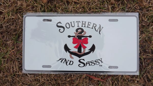 Southern And Sassy Anchor And Bow Logo Metal License Plate