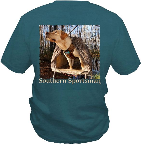 Yellow Labrador Retriever In Blind with Vest on our Custom Forest Green Pigment Dyed Color. Short & Long Sleeve Shirts, and Hoodies Available.