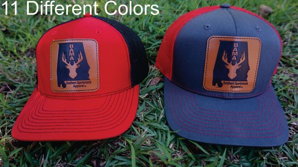 Alabama State Logo With Deer Leather Patch Hats in 11 Different Colors. Southern Sportsman's Apparel