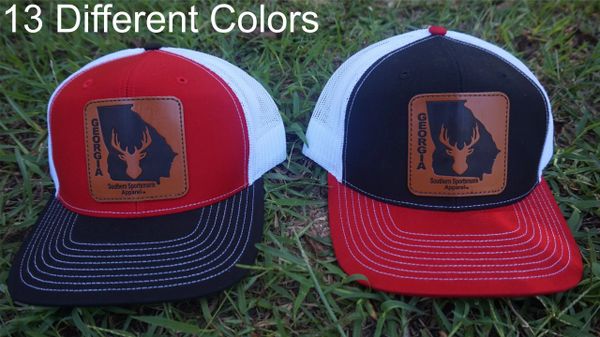 Georgia State Logo With Deer Leather Patch Hats in 13 Different Colors. Southern Sportsman's Apparel