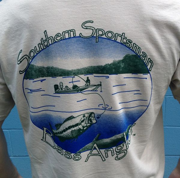 Southern Sportsman Bass Angler Short Sleeve T-shirt, Pebble Stone with Blue and Green Print