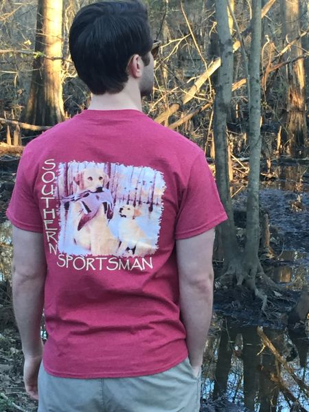 Southern Sportsman Lab and Pup with Duck short sleeve t shirt - Heather Cardinal