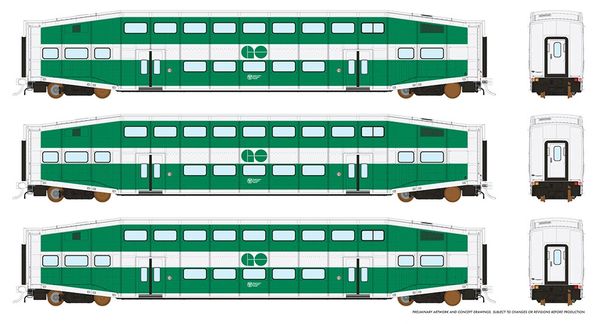 Rapido HO Scale Bi-Level Commuter Car Set (Coach 3 Pack) GO Transit