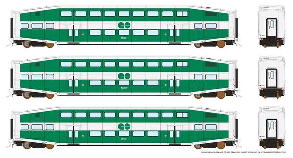 Rapido HO Scale Bi-Level Commuter Car Set (Coach 3 Pack) GO Transit