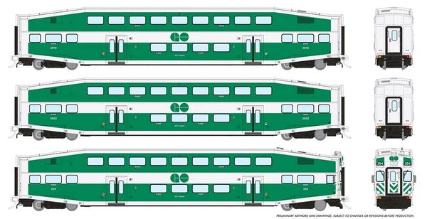 Rapido Ho Scale Bi Level Go Transit (Late Paint Scheme) Commuter Coach & Cab Car Set