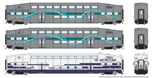 Rapido Ho Scale Bi Level Metrolink (Ribbon & Original Scheme) Commuter Coach & Cab Car Set