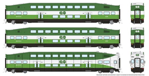 Rapido Ho Scale Bi Level Go Transit / Metrolinx Commuter Coach & Cab Car Set