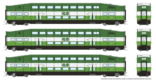 Rapido Ho Scale Bi Level Go Transit / Metrolinx Commuter (3) Coach Car Set