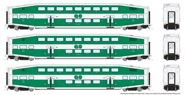 Rapido Ho Scale Bi Level Go Transit (Late Scheme) Commuter (3) Coach Car Set