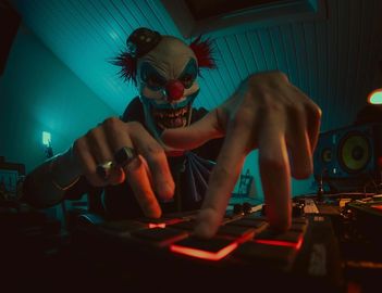Foto do Le Klown tocando em seu estúdio na França.