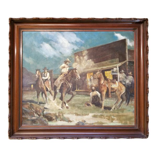 Cowboy Western Theme Oil Painting | Mid-Century Modern Danish Modern