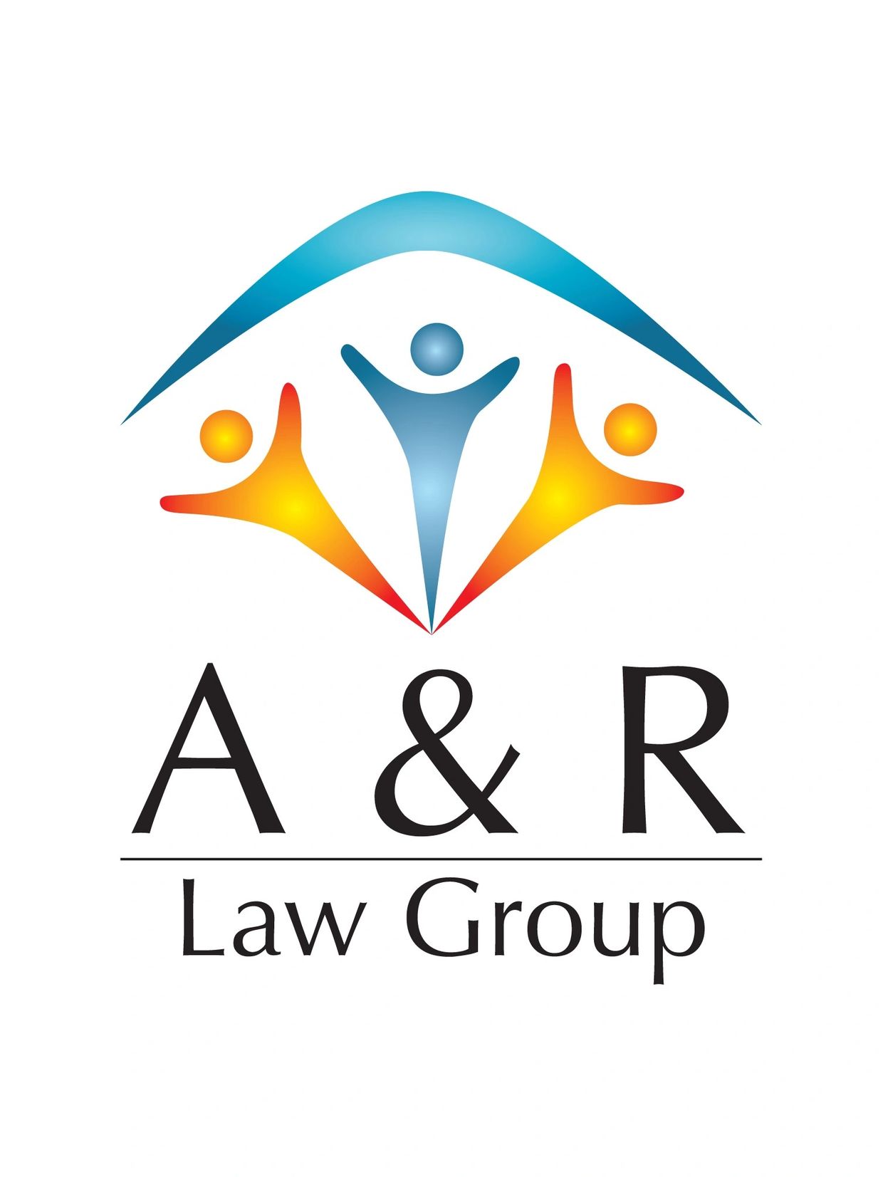 Company logo. Silhouette of 2 orange & 1 blue people with arms outstretched under blue A shape