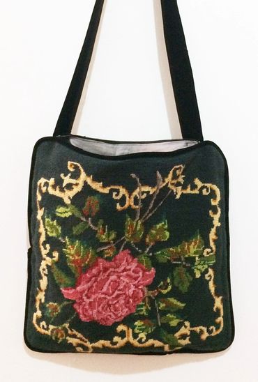 One of a kind. Large Needlepoint tote bag. Lined, zipper and custom strap.