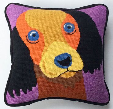 Mini needlepoint puppy pillow with tooth fairy pocket and self welt