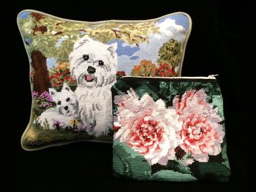 Finished needlepoint pillow and custom needlepoint accessory 