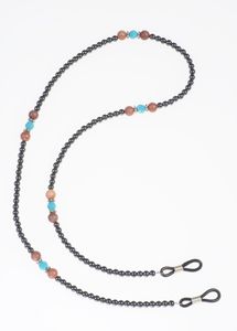 Hematite with Turquoise Eye Glass Holder has Turquoise beads, red marble beads, and small beads