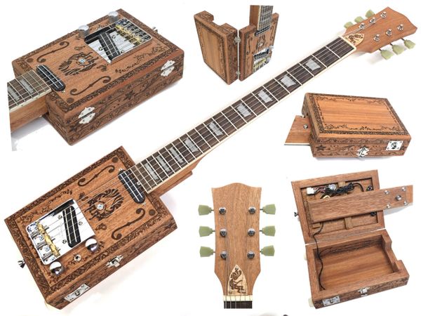 Reducción Cabina Alexander Graham Bell Mahogany 6 String 2 Pickup Electric Opening Engraved Body Cigar Box Guitar