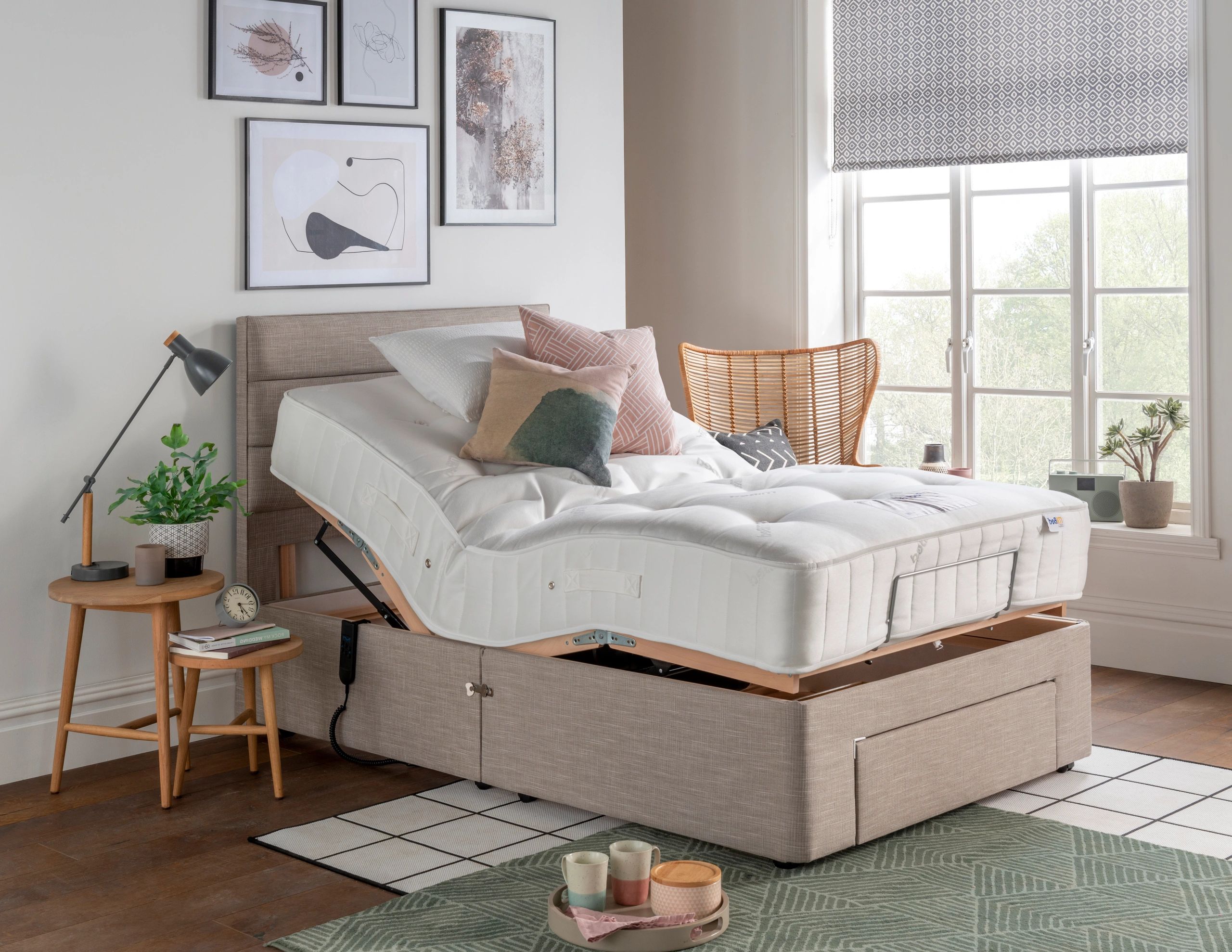 small double bed with mattress storage and headboard
