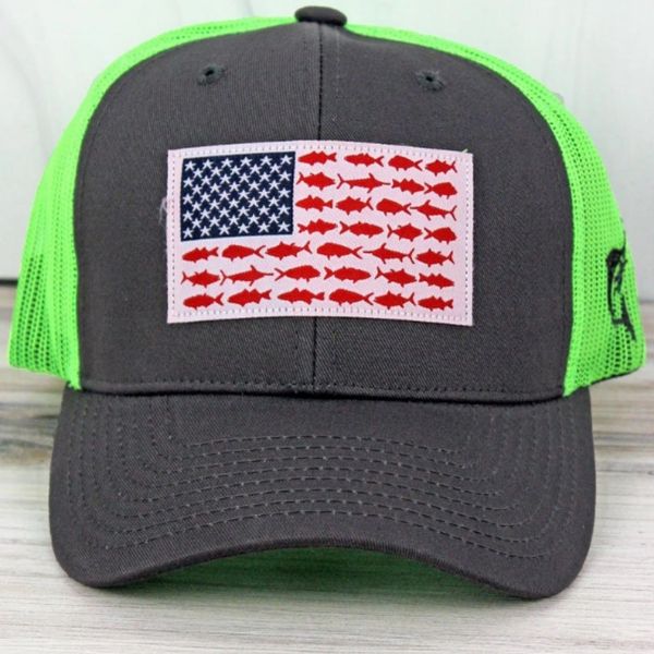 DARK GRAY AND NEON GREEN USA FISH FLAG MESH CAP