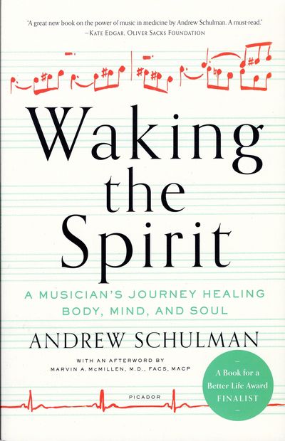 Book cover of 'Waking the Spirit' by Andrew Schulman with musical notes and a heartbeat line.