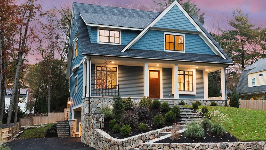 Avon-Contemporary-Shingle Style-Exterior-Oversize Mahogany Door-Stone Wall-Box Bay Window