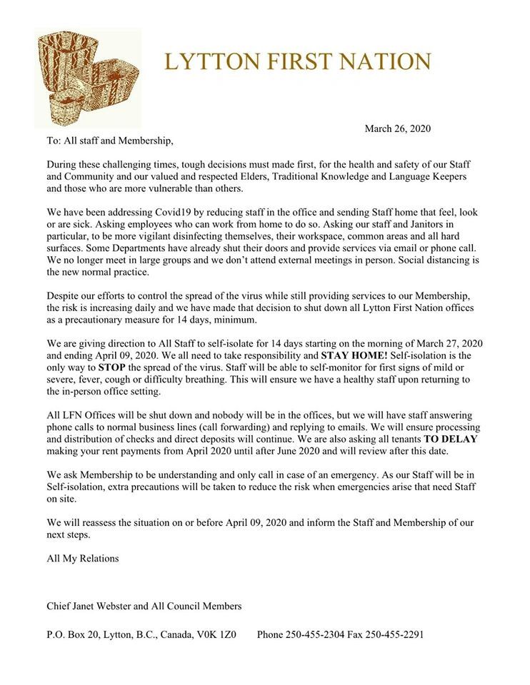 Lytton First Nation notice on office closures and safety measures during COVID-19 pandemic.