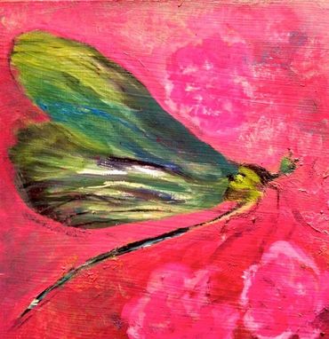 Colorful painting of a dragonfly on a bright pink background.