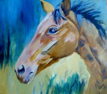 Painting of a horse's head with a blue and green background.