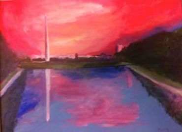 Painting of the Washington Monument at sunset with reflection in Reflecting Pool. 