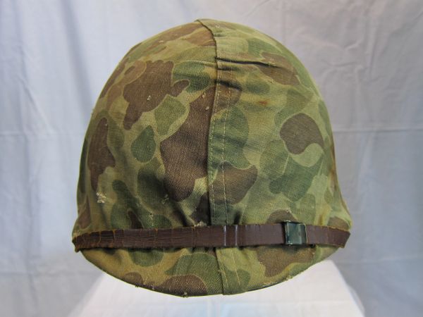 WWII USMC M1 Steel Pot Helmet w/USMC Camouflage Cover, Swivel Bale, Front Seam w/Westinghouse - ORIGINAL - SOLD-