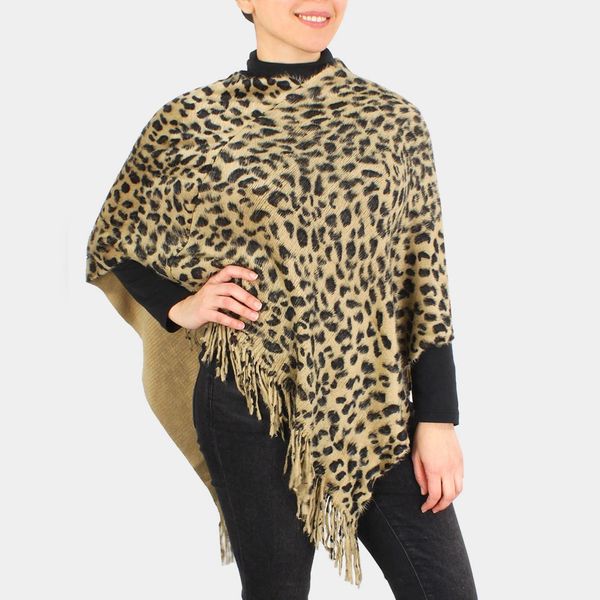 Feline Frosty Brushed Leopard Poncho - Taupe | House of Glitz