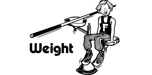 Cartoon boy on weighing scale with the word 'Weight'.