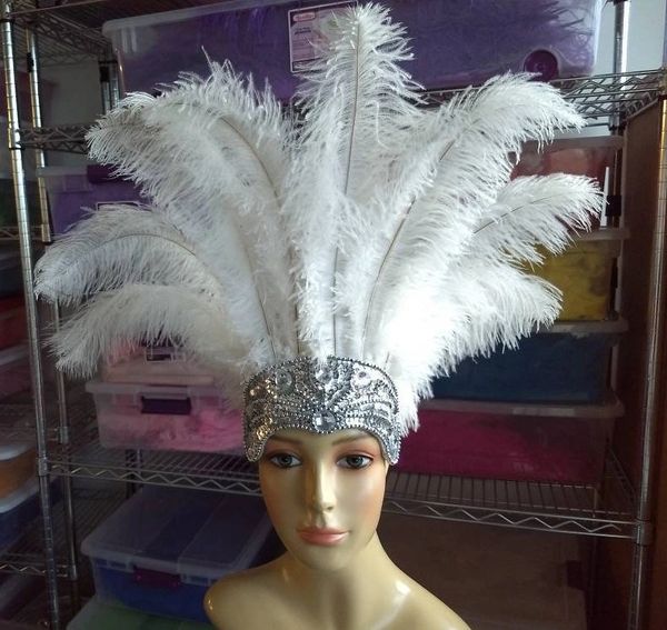 White Carnival Feather Headdress- ostrich floss feathers on a silver ...