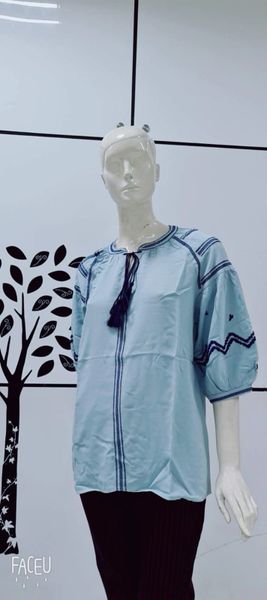 Light Blue Embroidered Blouse With Line