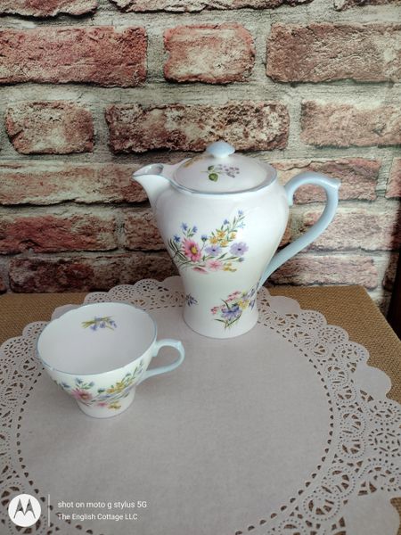 Vintage - Shelley Bone China - Coffee Pot & Two Teacups - Wild Flowers Pattern #13668