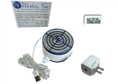Washer Fan G5M kit with a power supply, humidity gauge, and magnet.