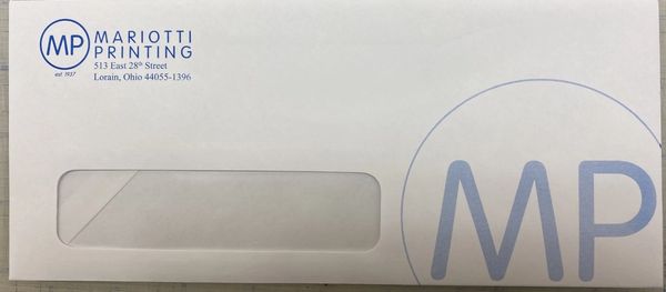 #10 window envelope giving an example of printing from a local print shop with a printed bleed edge.