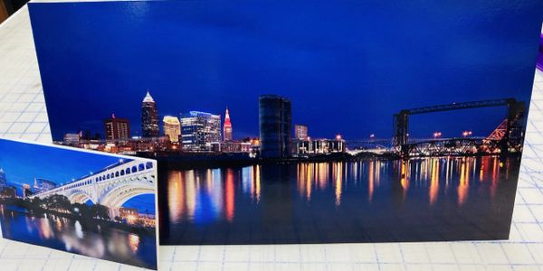 Foam board samples in full color post printing from a local print shop displaying downtown Cleveland